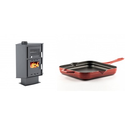 Set Kaminofen, Holzofen mit Backfach Velmora Fire ATS 90-30 CORNER, 18.25kW + Emaillierte Gusseisenpfanne Solagio, Rubin, 28x28cm - Kaminofen - Holzofen mit Backfach