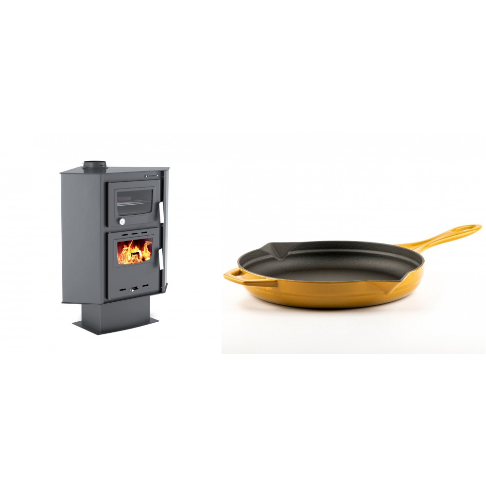 Set Kaminofen, Holzofen mit Backfach Velmora Fire ATS 90-30 CORNER, 18.25kW + Emaillierte Gusseisenpfanne Solagio, Dijon, Ф28cm | Holzofen | Kaminofen |