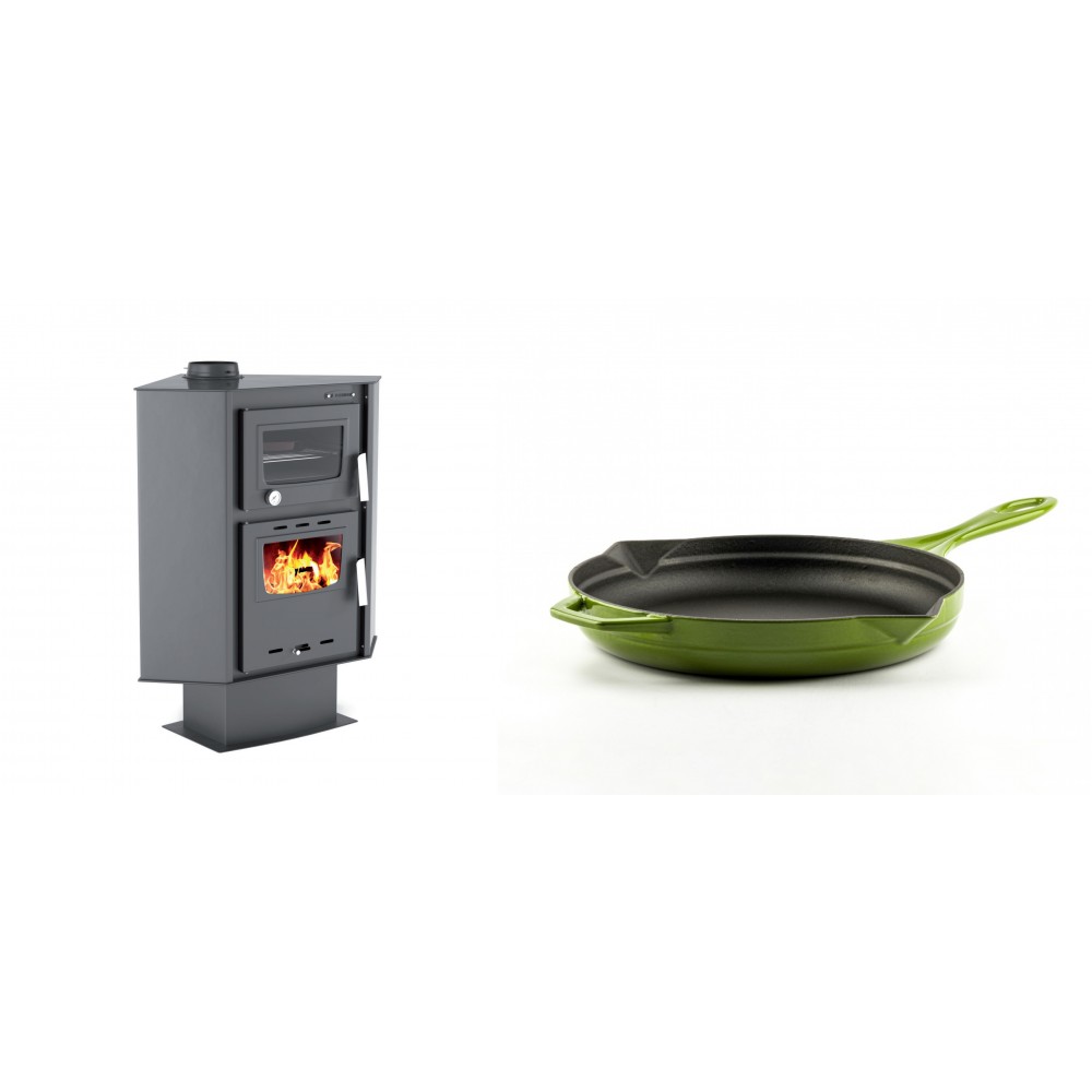 Set Kaminofen, Holzofen mit Backfach Velmora Fire ATS 90-30 CORNER, 18.25kW + Emaillierte Gusseisenpfanne Solagio, Bamboo, Ф24cm
