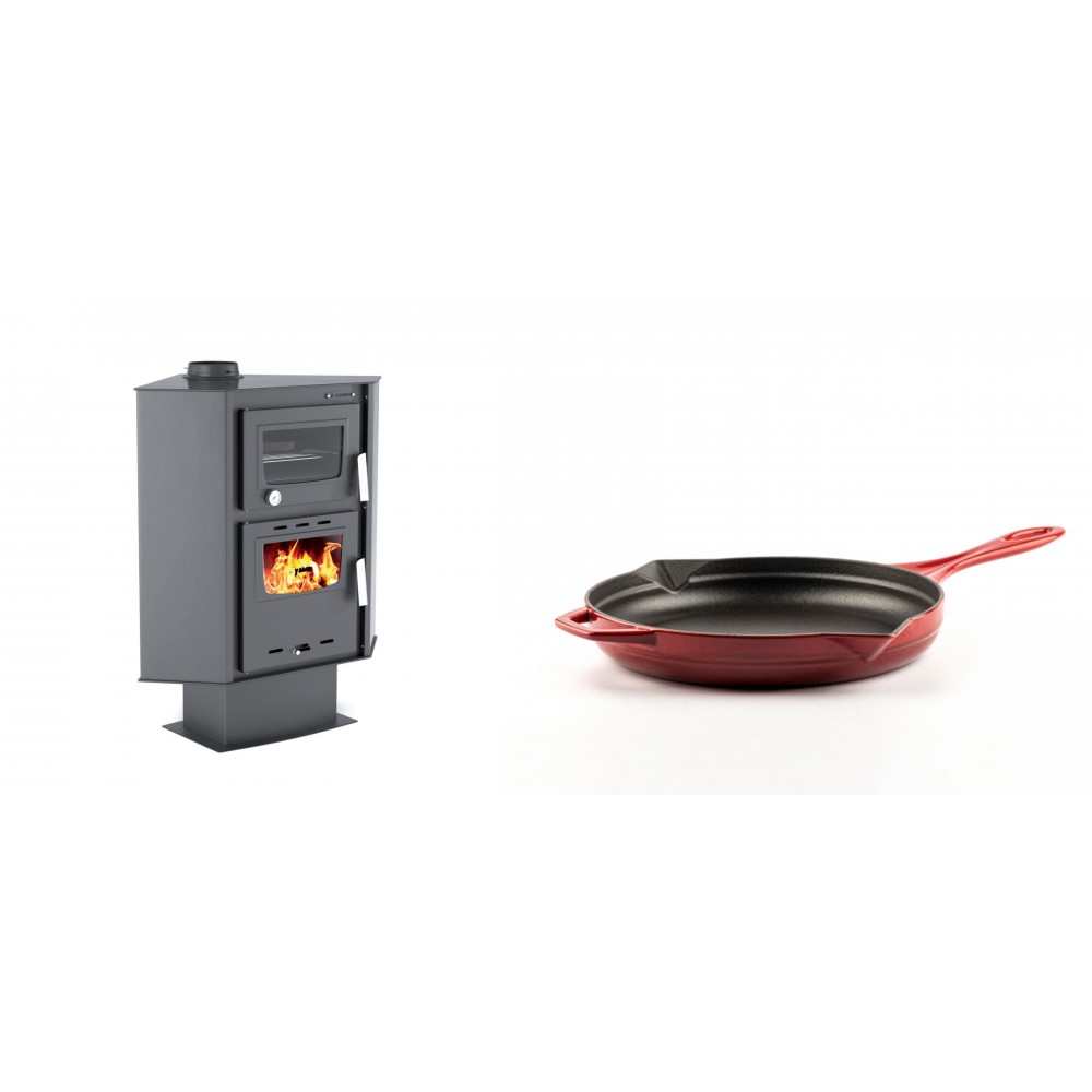 Set Kaminofen, Holzofen mit Backfach Velmora Fire ATS 90-30 CORNER, 18.25kW + Emaillierte Gusseisenpfanne Solagio, Rubin, Ф24cm | Holzofen | Kaminofen |