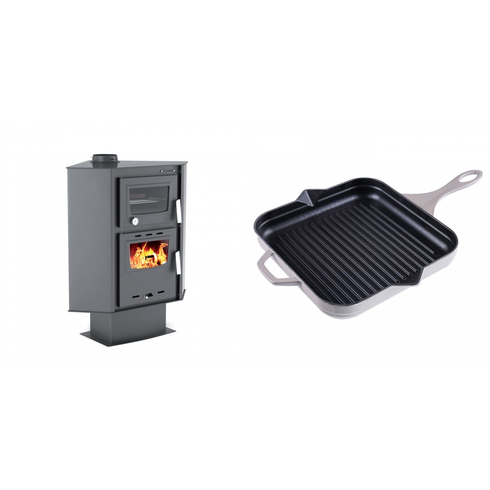 Set Kaminofen, Holzofen mit Backfach Velmora Fire ATS 90-30 CORNER, 18.25kW + Emaillierte grillpfanne Gusseisen Solagio, Ivory, 28x28cm