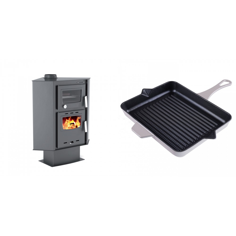 Set Kaminofen, Holzofen mit Backfach Velmora Fire ATS 90-30 CORNER, 18.25kW + Emaillierte grillpfanne Gusseisen Solagio, Ivory, 26x32cm