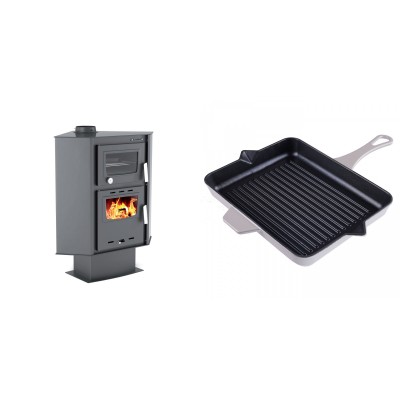 Set Kaminofen, Holzofen mit Backfach Velmora Fire ATS 90-30 CORNER, 18.25kW + Emaillierte grillpfanne Gusseisen Solagio, Ivory, 26x32cm - Kaminofen - Holzofen mit Backfach