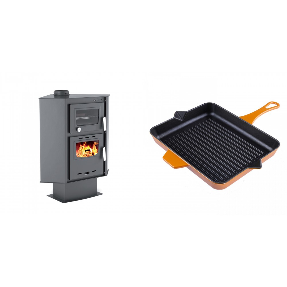 Set Kaminofen, Holzofen mit Backfach Velmora Fire ATS 90-30 CORNER, 18.25kW + Emaillierte grillpfanne Gusseisen Solagio, Dijon, 26x32cm | Holzofen | Kaminofen |