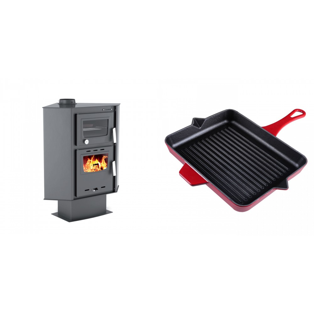 Set Kaminofen, Holzofen mit Backfach Velmora Fire ATS 90-30 CORNER, 18.25kW + Emaillierte grillpfanne Gusseisen Solagio, Rubin, 26x32cm