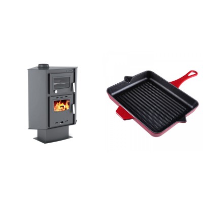 Set Kaminofen, Holzofen mit Backfach Velmora Fire ATS 90-30 CORNER, 18.25kW + Emaillierte grillpfanne Gusseisen Solagio, Rubin, 26x32cm - Kaminofen - Holzofen mit Backfach