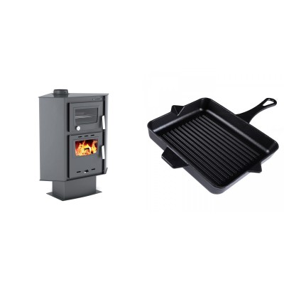 Set Kaminofen, Holzofen mit Backfach Velmora Fire ATS 90-30 CORNER, 18.25kW + Emaillierte grillpfanne Gusseisen Solagio, Black Onyx, 26x32cm - Kaminofen - Holzofen mit Backfach