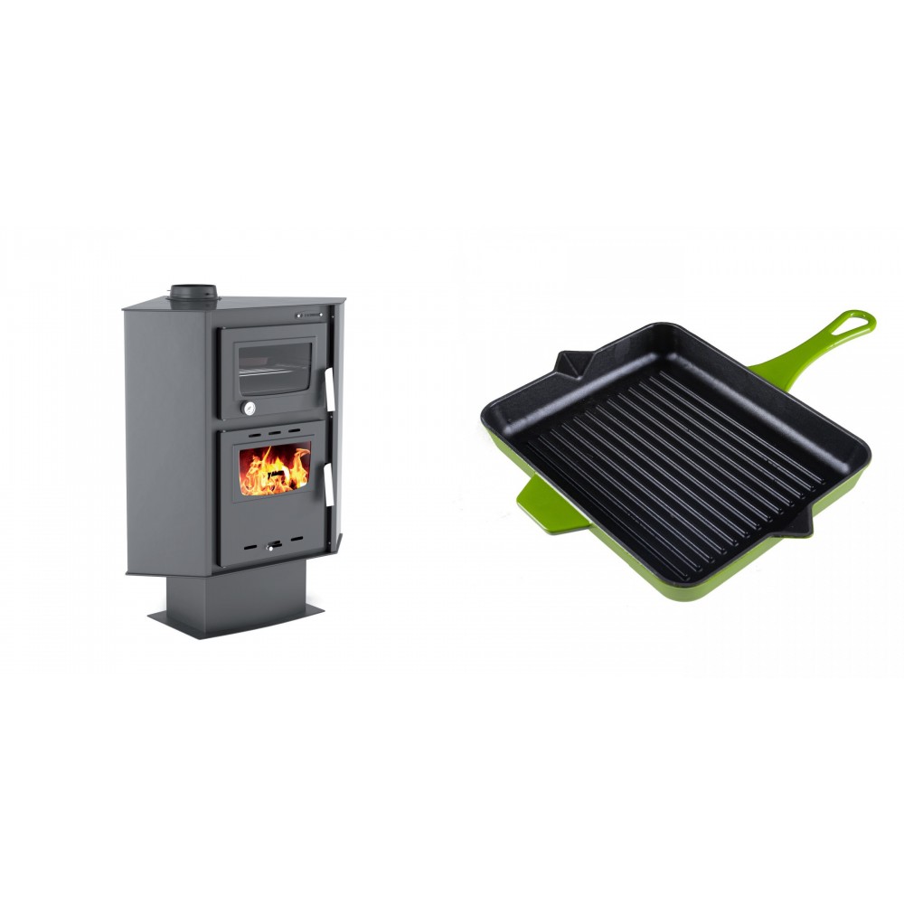Set Kaminofen, Holzofen mit Backfach Velmora Fire ATS 90-30 CORNER, 18.25kW + Emaillierte grillpfanne Gusseisen Solagio, Bamboo, 26x32cm | Holzofen | Kaminofen |
