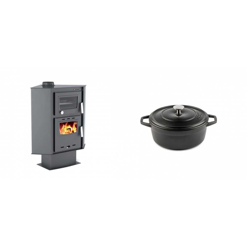 Set Kaminofen, Holzofen mit Backfach Velmora Fire ATS 90-30 CORNER, 18.25kW + Gusseisen Topf Tiefer Solagio, Black Onyx, Ф12 | Holzofen | Kaminofen |