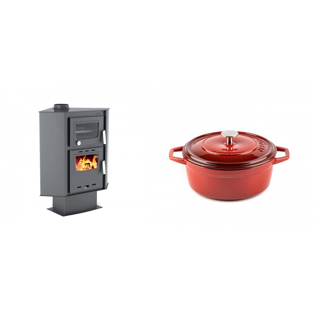 Set Kaminofen, Holzofen mit Backfach Velmora Fire ATS 90-30 CORNER, 18.25kW + Gusseisen Topf Tiefer Solagio, Rubin, Ф20 | Holzofen | Kaminofen |