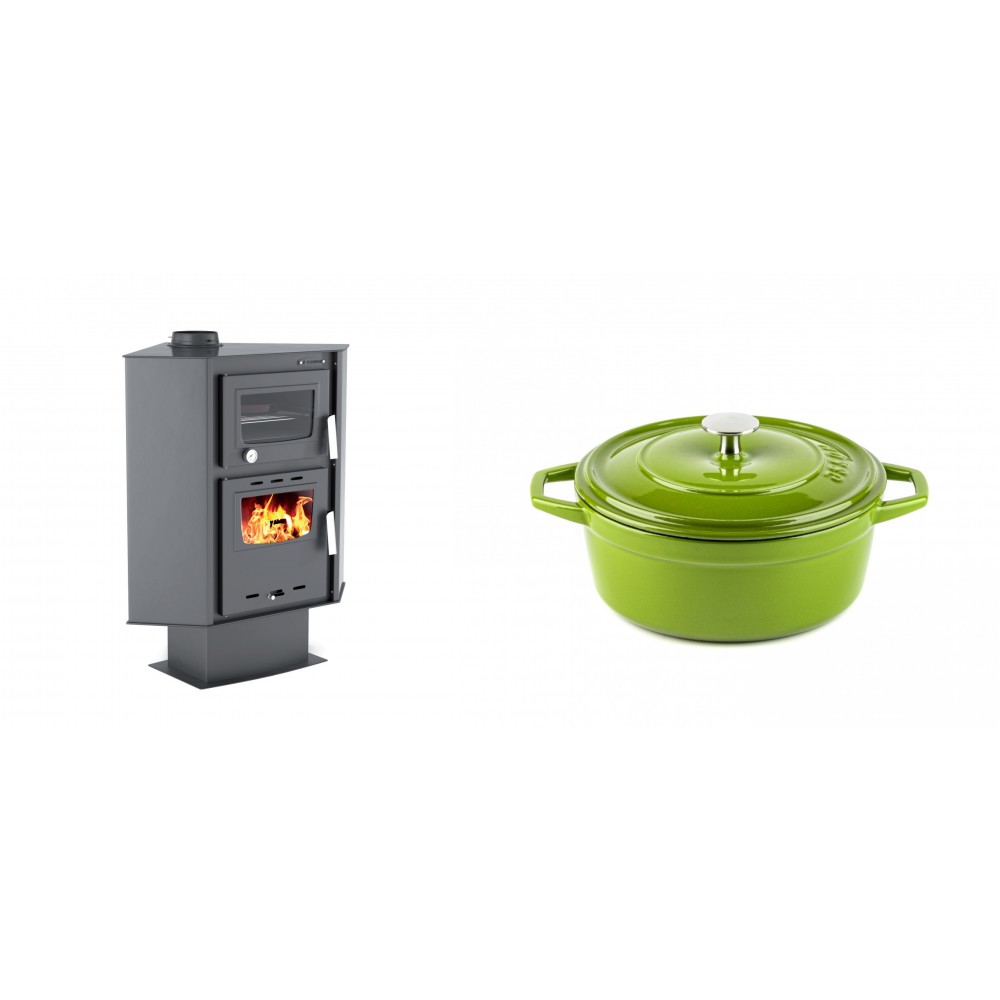 Set Kaminofen, Holzofen mit Backfach Velmora Fire ATS 90-30 CORNER, 18.25kW + Gusseisen Topf Tiefer Solagio, Bamboo, Ф20 | Holzofen | Kaminofen |