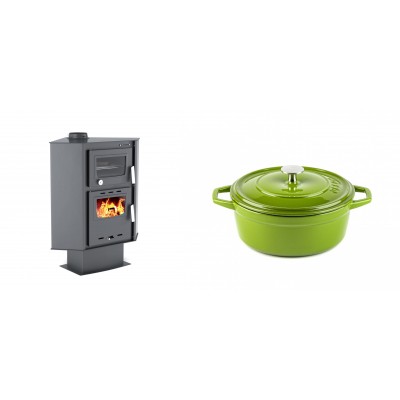 Set Kaminofen, Holzofen mit Backfach Velmora Fire ATS 90-30 CORNER, 18.25kW + Gusseisen Topf Tiefer Solagio, Bamboo, Ф20 - Kaminofen - Holzofen mit Backfach