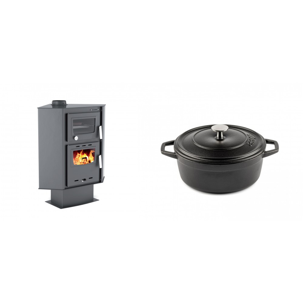 Set Kaminofen, Holzofen mit Backfach Velmora Fire ATS 90-30 CORNER, 18.25kW + Gusseisen Topf Tiefer Solagio, Black Onyx, Ф20 | Holzofen | Kaminofen |