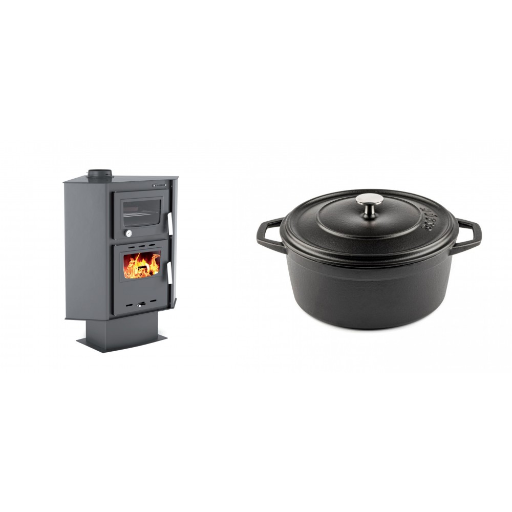 Set Kaminofen, Holzofen mit Backfach Velmora Fire ATS 90-30 CORNER, 18.25kW + Gusseisen Topf Tiefer Solagio, Black Onyx, Ф24 | Holzofen | Kaminofen |