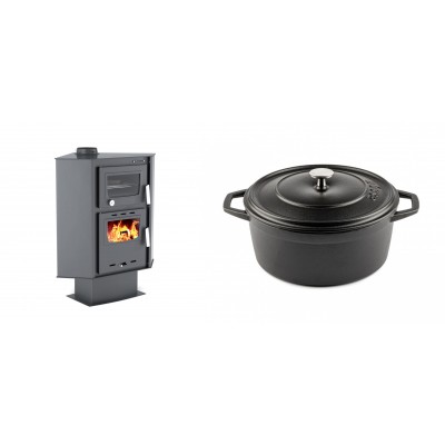 Set Kaminofen, Holzofen mit Backfach Velmora Fire ATS 90-30 CORNER, 18.25kW + Gusseisen Topf Tiefer Solagio, Black Onyx, Ф24 - Kaminofen - Holzofen mit Backfach