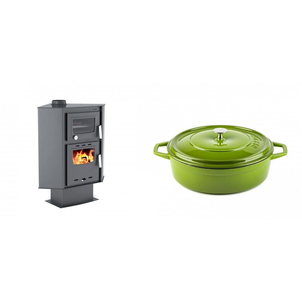 Set Kaminofen, Holzofen mit Backfach Velmora Fire ATS 90-30 CORNER, 18.25kW + Gusseisen Topf Flach Solagio, Bamboo, Ф26