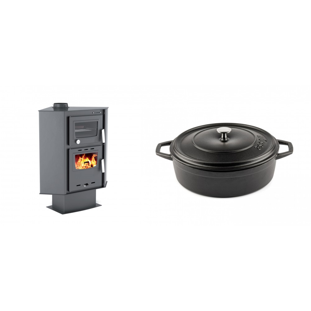Set Kaminofen, Holzofen mit Backfach Velmora Fire ATS 90-30 CORNER, 18.25kW + Gusseisen Topf Flach Solagio, Black Onyx, Ф26