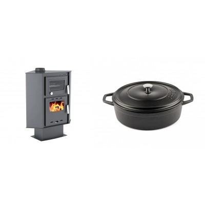 Set Kaminofen, Holzofen mit Backfach Velmora Fire ATS 90-30 CORNER, 18.25kW + Gusseisen Topf Flach Solagio, Black Onyx, Ф26 - Kaminofen - Holzofen mit Backfach