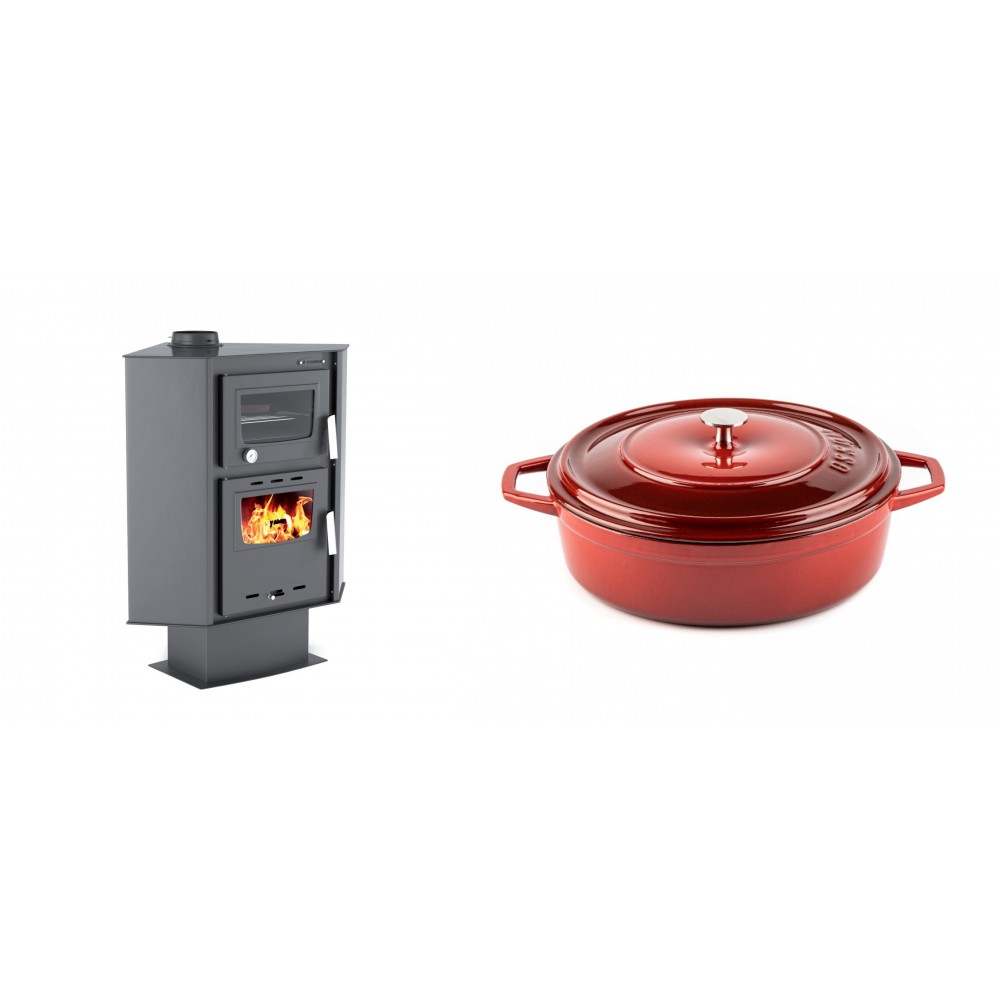 Set Kaminofen, Holzofen mit Backfach Velmora Fire ATS 90-30 CORNER, 18.25kW + Gusseisen Topf Flach Solagio, Rubin, Ф26