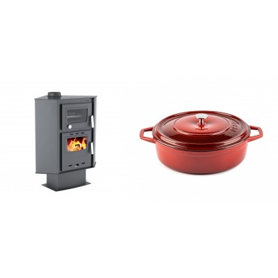 Set Kaminofen, Holzofen mit Backfach Velmora Fire ATS 90-30 CORNER, 18.25kW + Gusseisen Topf Flach Solagio, Rubin, Ф26 - Kaminofen - Holzofen mit Backfach