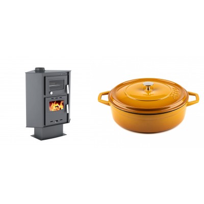 Set Kaminofen, Holzofen mit Backfach Velmora Fire ATS 90-30 CORNER, 18.25kW + Gusseisen Topf Flach Solagio, Dijon, Ф28 - Kaminofen - Holzofen mit Backfach