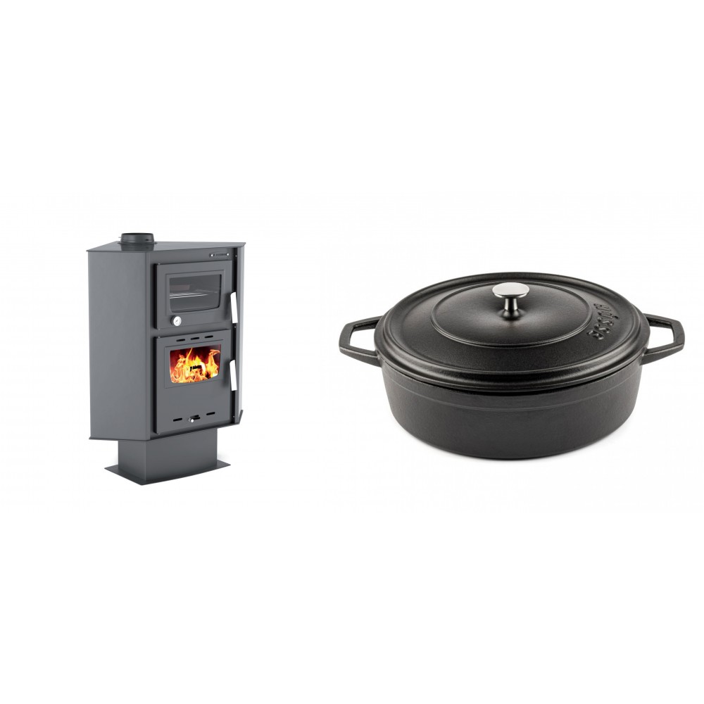 Set Kaminofen, Holzofen mit Backfach Velmora Fire ATS 90-30 CORNER, 18.25kW + Gusseisen Topf Flach Solagio, Black Onyx, Ф28 | Holzofen | Kaminofen |
