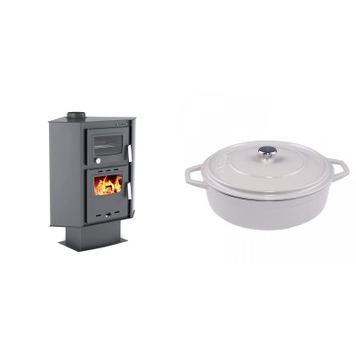 Set Kaminofen, Holzofen mit Backfach Velmora Fire ATS 90-30 CORNER, 18.25kW + Gusseisen Topf Flach Solagio, Ivory, Ф28 - Kaminofen - Holzofen mit Backfach