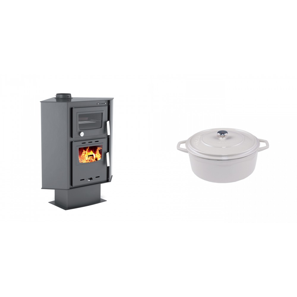 Set Kaminofen, Holzofen mit Backfach Velmora Fire ATS 90-30 CORNER, 18.25kW + Gusseisen Topf Tiefer Solagio, Ivory, Ф12 | Holzofen | Kaminofen |