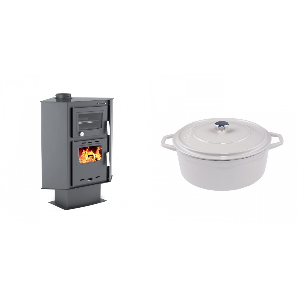 Set Kaminofen, Holzofen mit Backfach Velmora Fire ATS 90-30 CORNER, 18.25kW + Gusseisen Topf Tiefer Solagio, Ivory, Ф24