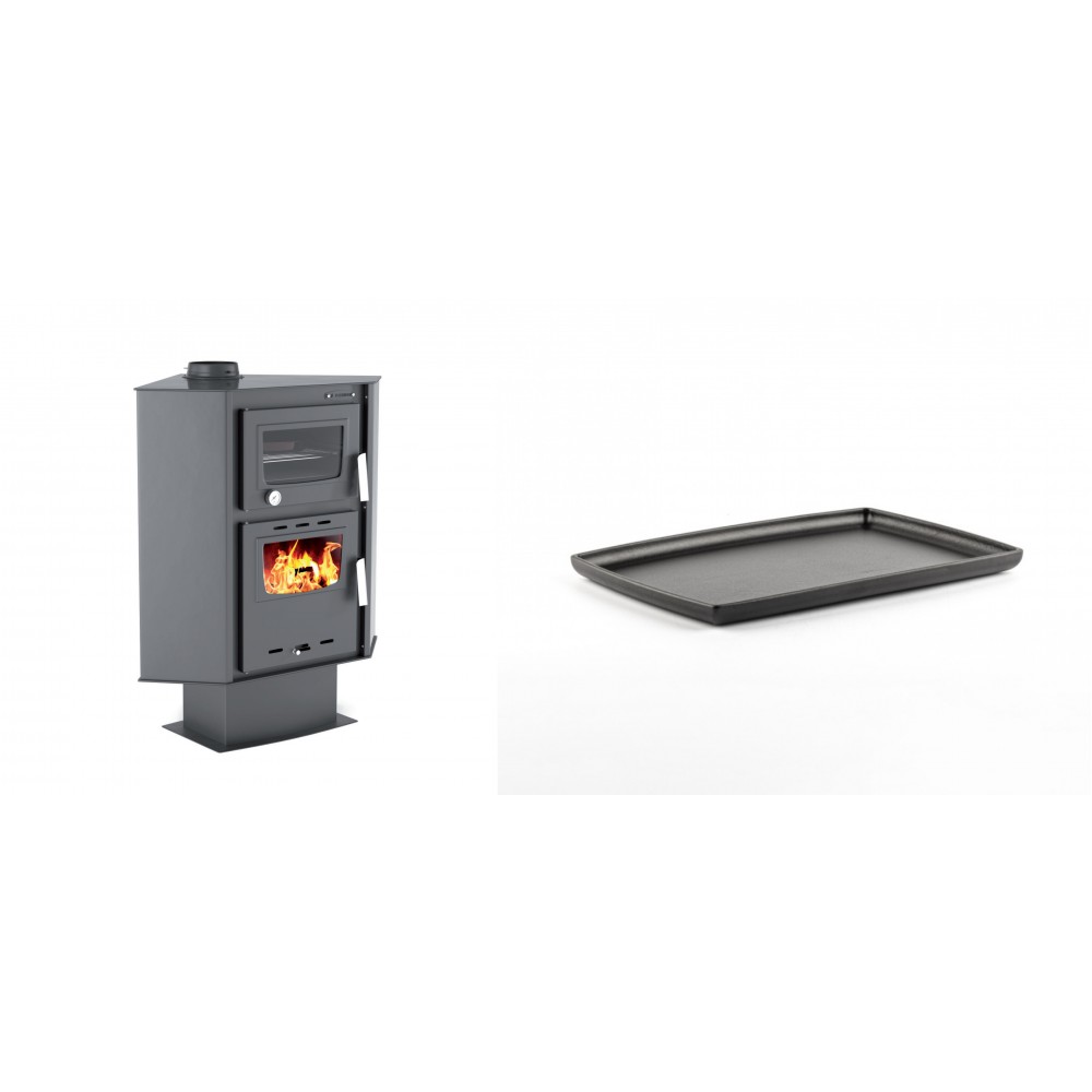 Set Kaminofen, Holzofen mit Backfach Velmora Fire ATS 90-30 CORNER, 18.25kW + Rechteckige Servierplatte aus Gusseisen Solagio, 21x31cm | Holzofen | Kaminofen |