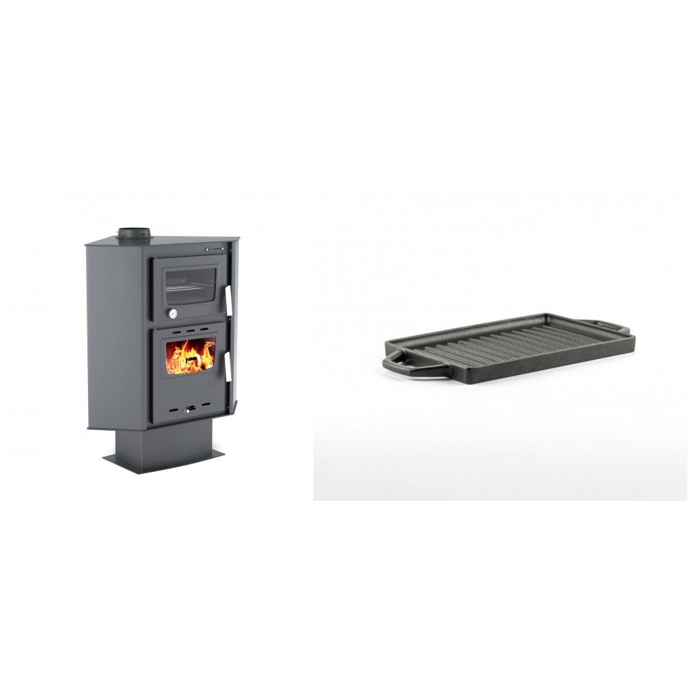 Set Kaminofen, Holzofen mit Backfach Velmora Fire ATS 90-30 CORNER, 18.25kW + Mini-Grillplatte aus Gusseisen Solagio, 15.5x22.5cm