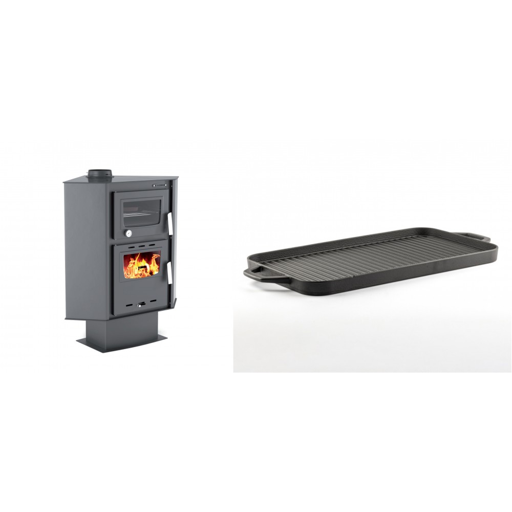 Set Kaminofen, Holzofen mit Backfach Velmora Fire ATS 90-30 CORNER, 18.25kW + Große Grillplatte aus Gusseisen Solagio, 25x44cm