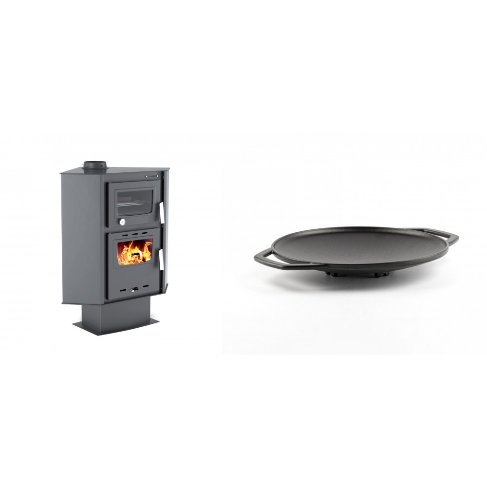 Set Kaminofen, Holzofen mit Backfach Velmora Fire ATS 90-30 CORNER, 18.25kW + Backplatte aus Gusseisen Solagio, Ф28cm