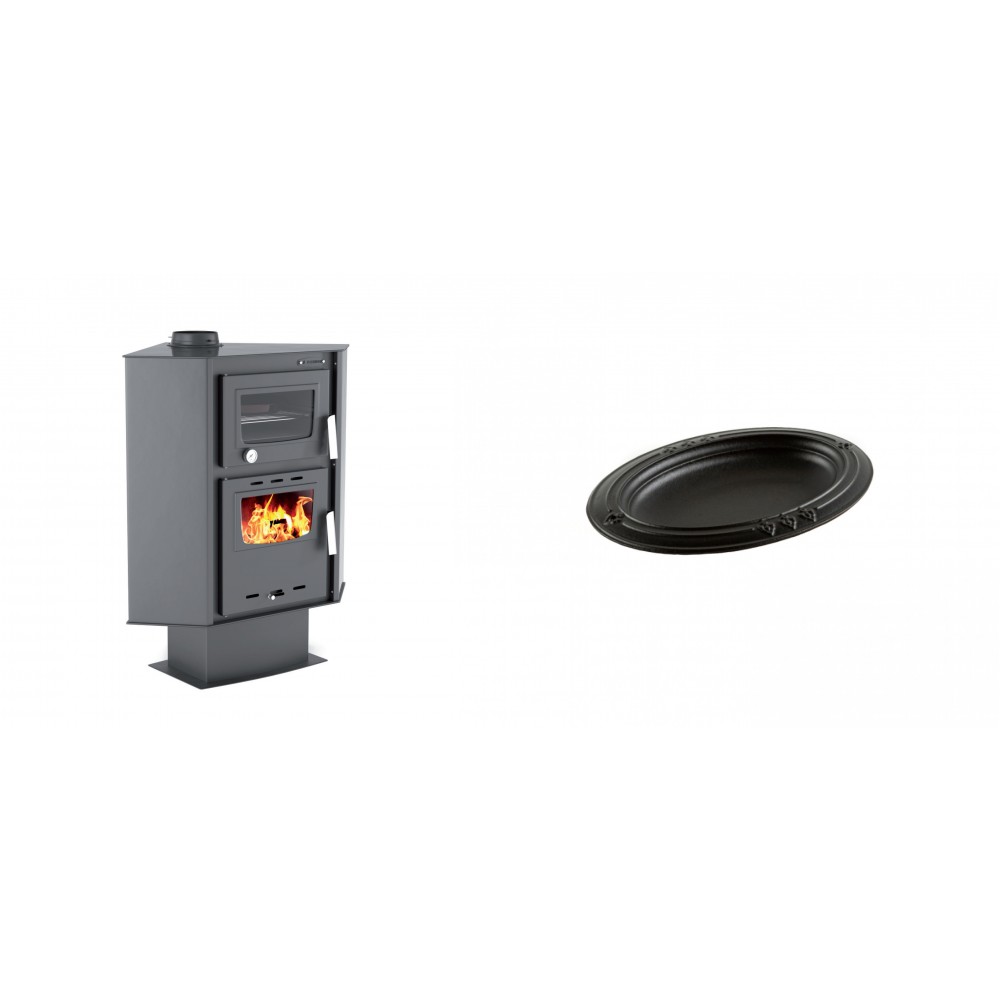 Set Kaminofen, Holzofen mit Backfach Velmora Fire ATS 90-30 CORNER, 18.25kW + Gusseiserne auflaufform Solagio oval, 17x28cm | Holzofen | Kaminofen |