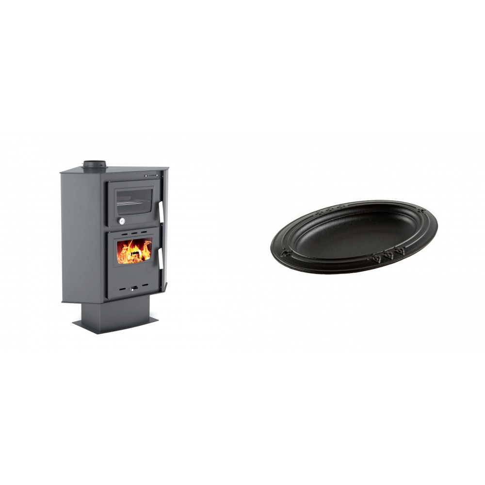 Set Kaminofen, Holzofen mit Backfach Velmora Fire ATS 90-30 CORNER, 18.25kW + Gusseiserne auflaufform Solagio oval, 25x33cm | Holzofen | Kaminofen |