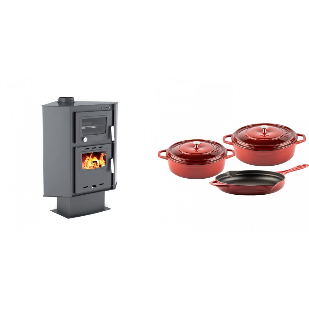 Set Kaminofen, Holzofen mit Backfach Velmora Fire ATS 90-30 CORNER, 18.25kW + Gusseisen Topf Set aus 3 teilen Solagio, Rubin