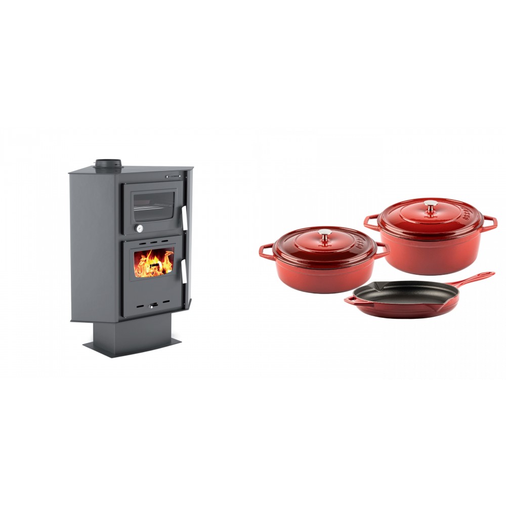 Set Kaminofen, Holzofen mit Backfach Velmora Fire ATS 90-30 CORNER, 18.25kW + Gusseisen Topf Set aus 3 teilen Solagio, Rubin