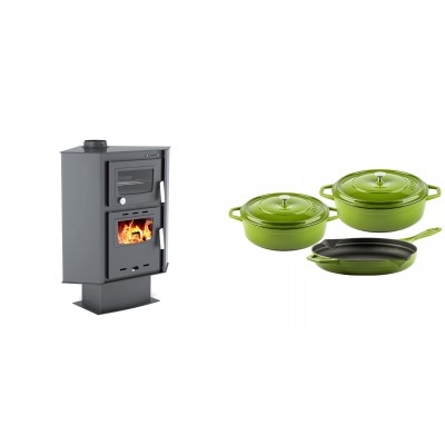 Set Kaminofen, Holzofen mit Backfach Velmora Fire ATS 90-30 CORNER, 18.25kW + Gusseisen Topf Set aus 3 teilen Solagio, Bamboo - Kaminofen - Holzofen mit Backfach