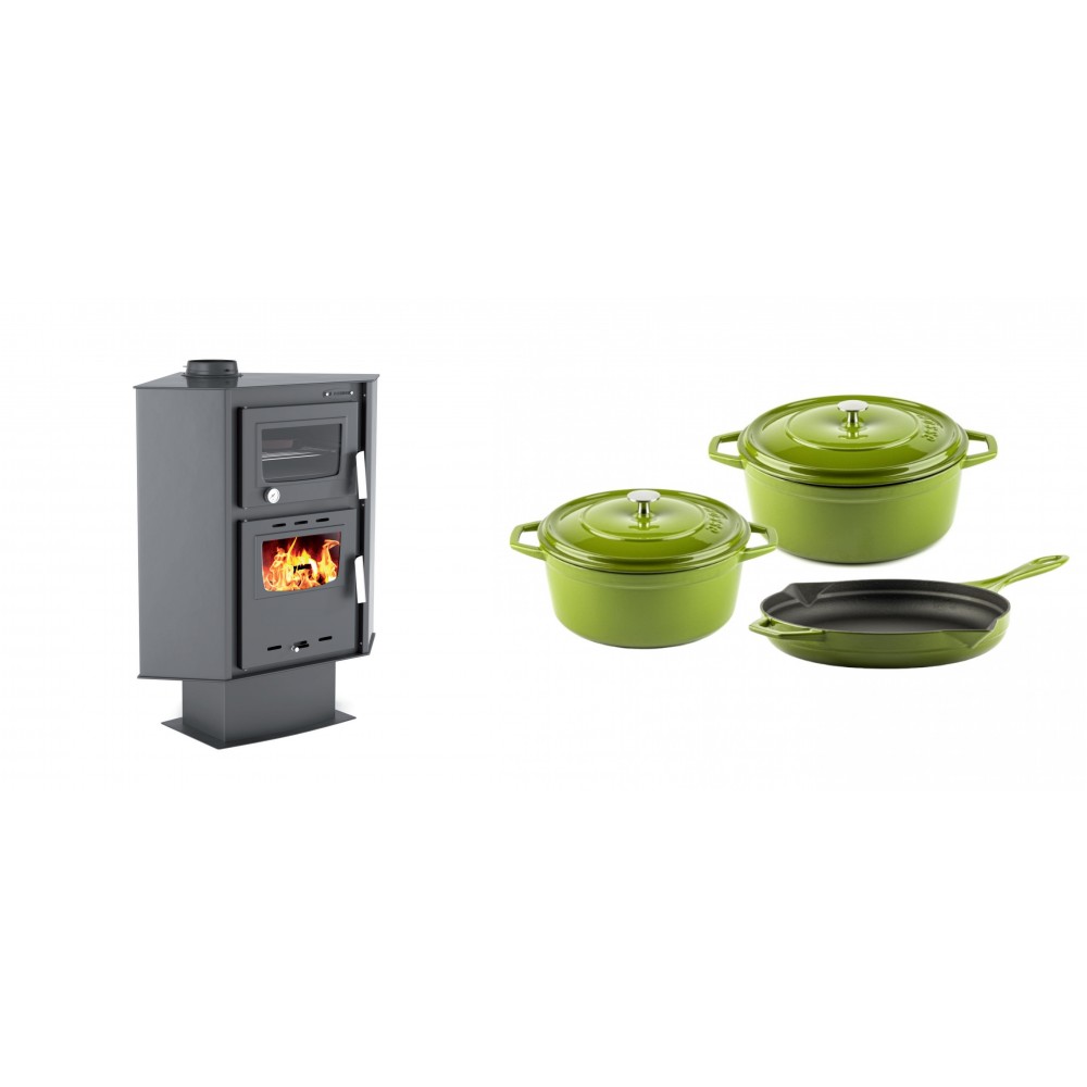 Set Kaminofen, Holzofen mit Backfach Velmora Fire ATS 90-30 CORNER, 18.25kW + Gusseisen Topf Set aus 3 teilen Solagio, Bamboo | Holzofen | Kaminofen |