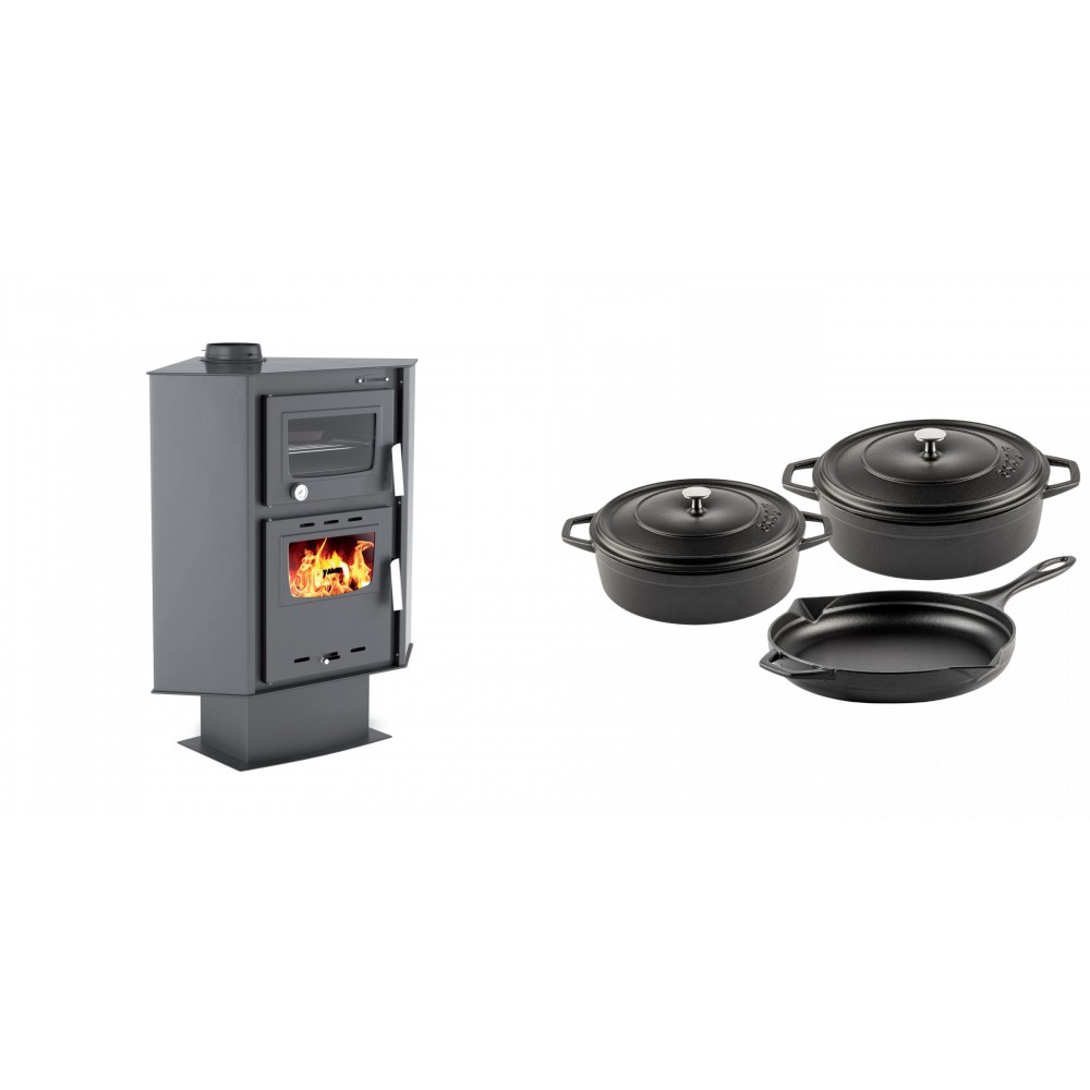 Set Kaminofen, Holzofen mit Backfach Velmora Fire ATS 90-30 CORNER, 18.25kW + Gusseisen Topf Set aus 3 teilen Solagio, Black Onyx | Holzofen | Kaminofen |
