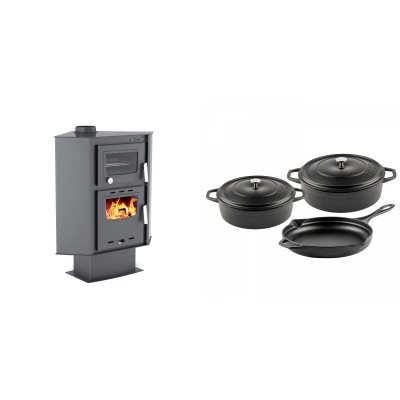 Set Kaminofen, Holzofen mit Backfach Velmora Fire ATS 90-30 CORNER, 18.25kW + Gusseisen Topf Set aus 3 teilen Solagio, Black Onyx - Kaminofen - Holzofen mit Backfach