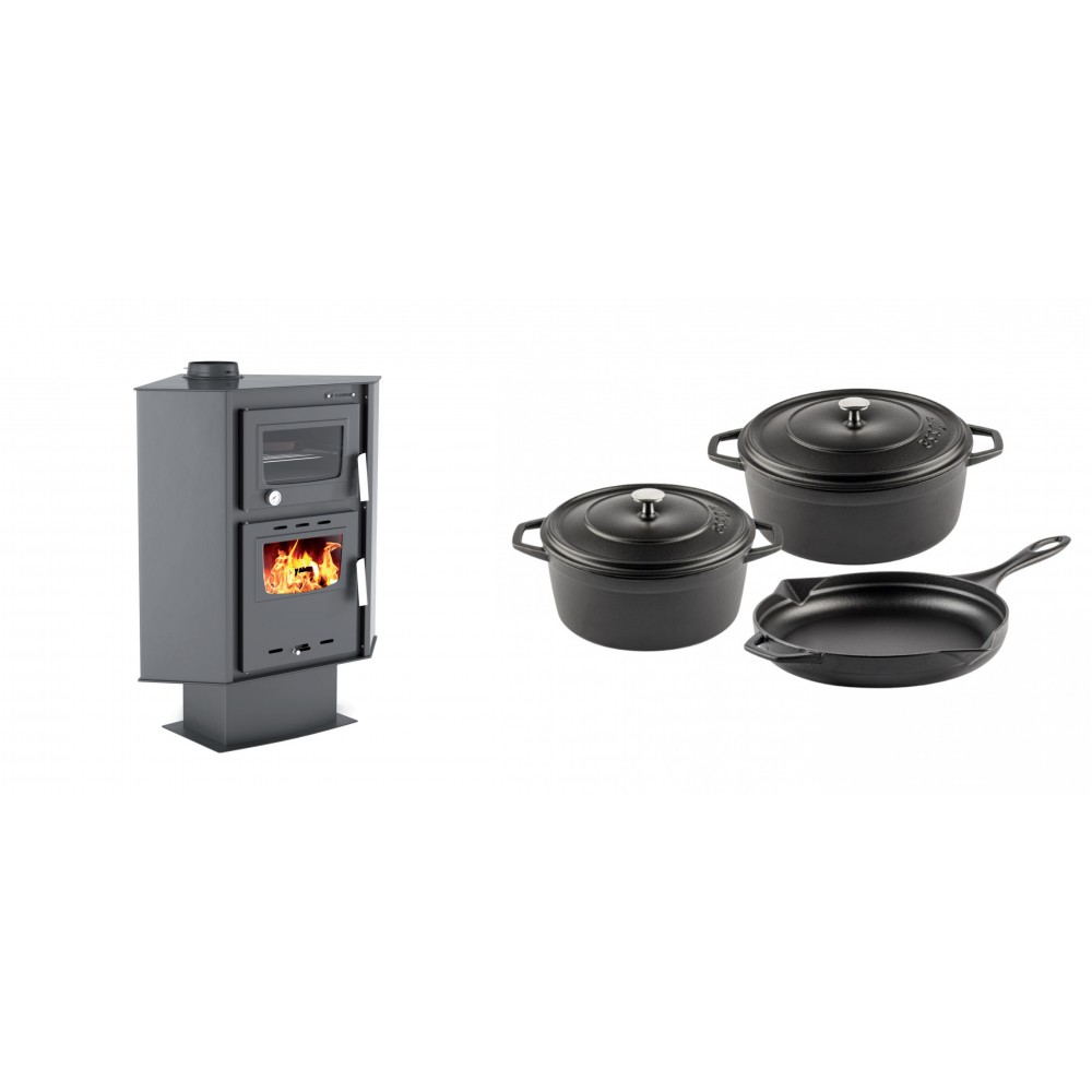 Set Kaminofen, Holzofen mit Backfach Velmora Fire ATS 90-30 CORNER, 18.25kW + Gusseisen Topf Set aus 3 teilen Solagio, Black Onyx
