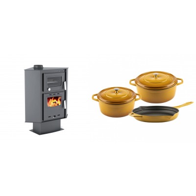 Set Kaminofen, Holzofen mit Backfach Velmora Fire ATS 90-30 CORNER, 18.25kW + Gusseisen Topf Set aus 3 teilen Solagio, Dijon - Kaminofen - Holzofen mit Backfach