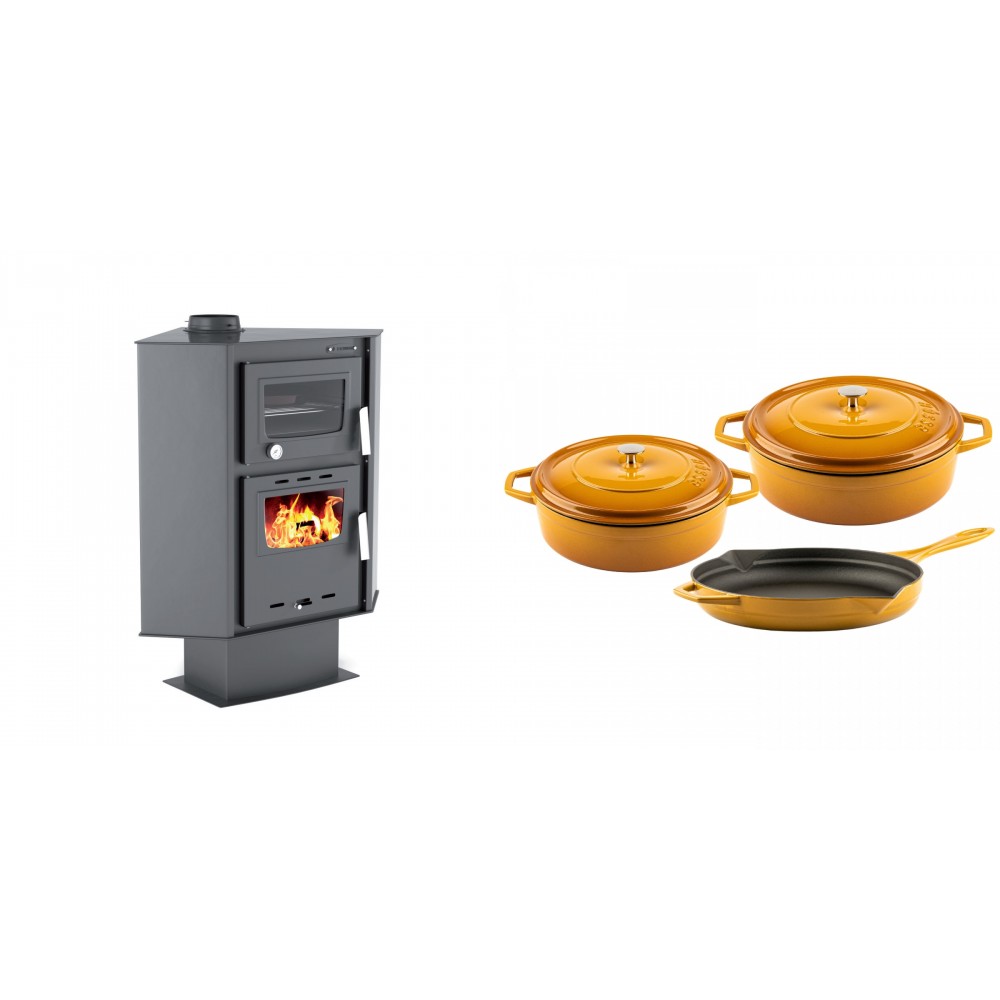 Set Kaminofen, Holzofen mit Backfach Velmora Fire ATS 90-30 CORNER, 18.25kW + Gusseisen Topf Set aus 3 teilen Solagio, Dijon