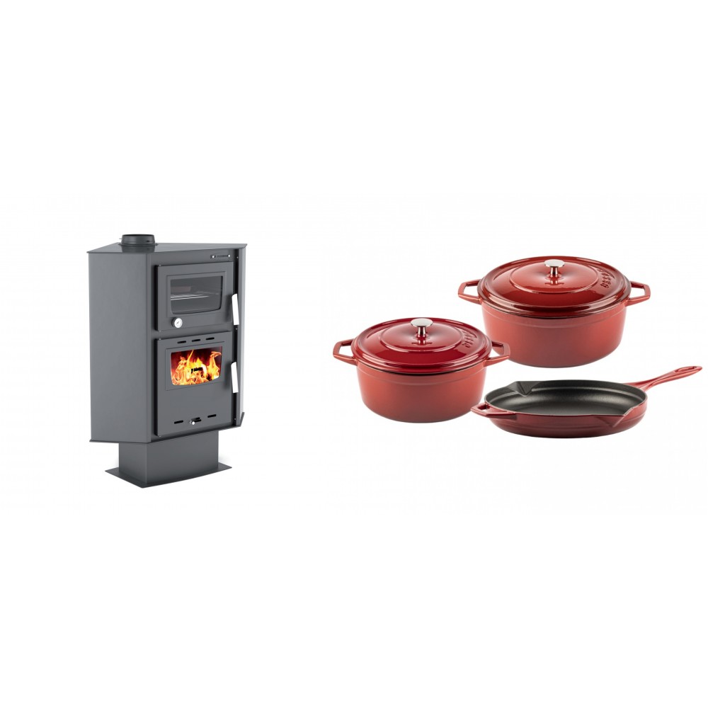 Set Kaminofen, Holzofen mit Backfach Velmora Fire ATS 90-30 CORNER, 18.25kW + Gusseisen Topf Set aus 3 teilen Solagio, Rubin | Holzofen | Kaminofen |