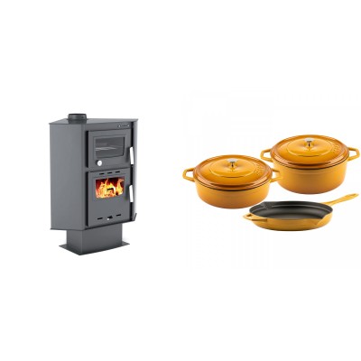 Set Kaminofen, Holzofen mit Backfach Velmora Fire ATS 90-30 CORNER, 18.25kW + Gusseisen Topf Set aus 3 teilen Solagio, Dijon - Kaminofen - Holzofen mit Backfach