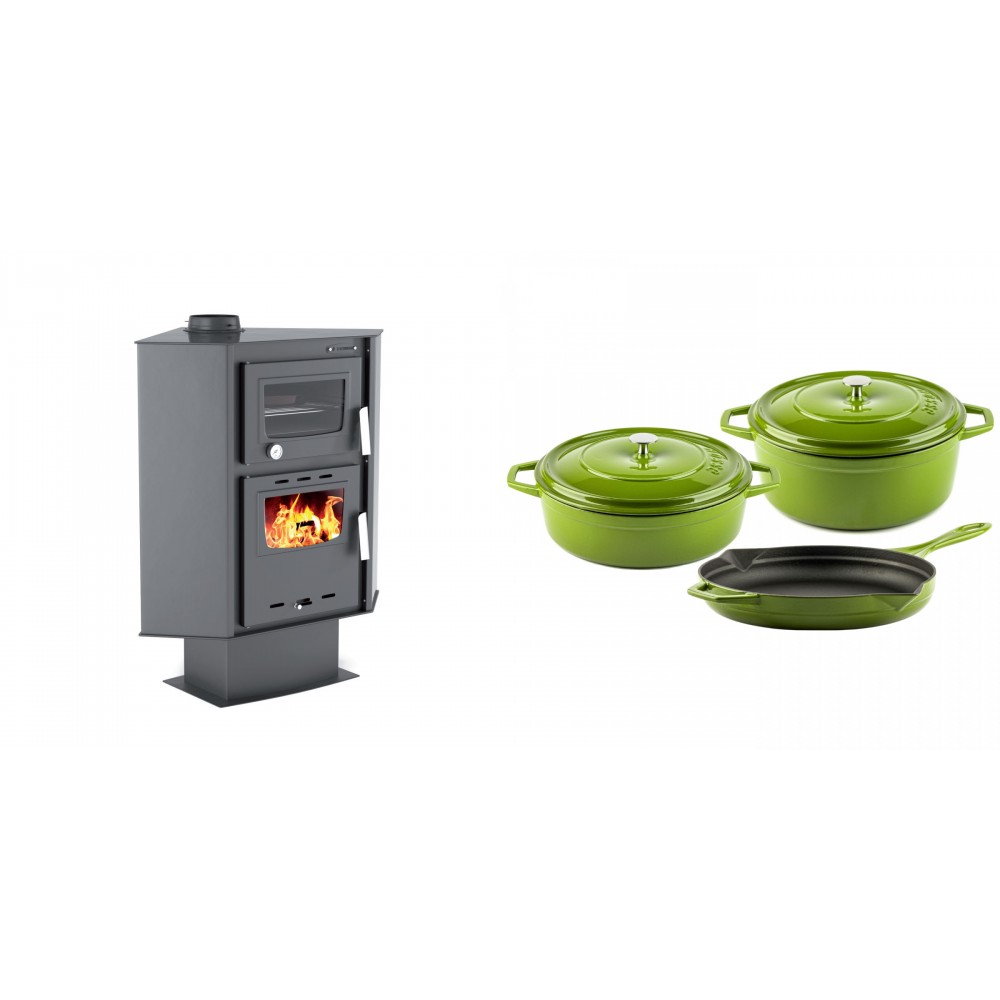 Set Kaminofen, Holzofen mit Backfach Velmora Fire ATS 90-30 CORNER, 18.25kW + Gusseisen Topf Set aus 3 teilen Solagio, Bamboo | Holzofen | Kaminofen |