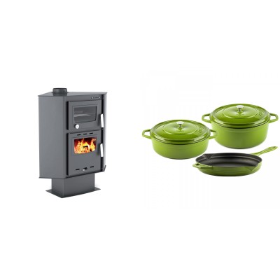 Set Kaminofen, Holzofen mit Backfach Velmora Fire ATS 90-30 CORNER, 18.25kW + Gusseisen Topf Set aus 3 teilen Solagio, Bamboo - Kaminofen - Holzofen mit Backfach