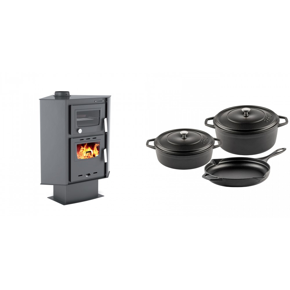 Set Kaminofen, Holzofen mit Backfach Velmora Fire ATS 90-30 CORNER, 18.25kW + Gusseisen Topf Set aus 3 teilen Solagio, Black Onyx | Holzofen | Kaminofen |