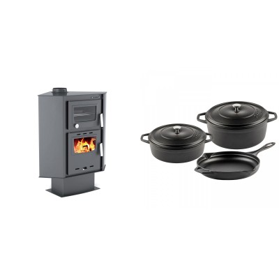 Set Kaminofen, Holzofen mit Backfach Velmora Fire ATS 90-30 CORNER, 18.25kW + Gusseisen Topf Set aus 3 teilen Solagio, Black Onyx - Kaminofen - Holzofen mit Backfach